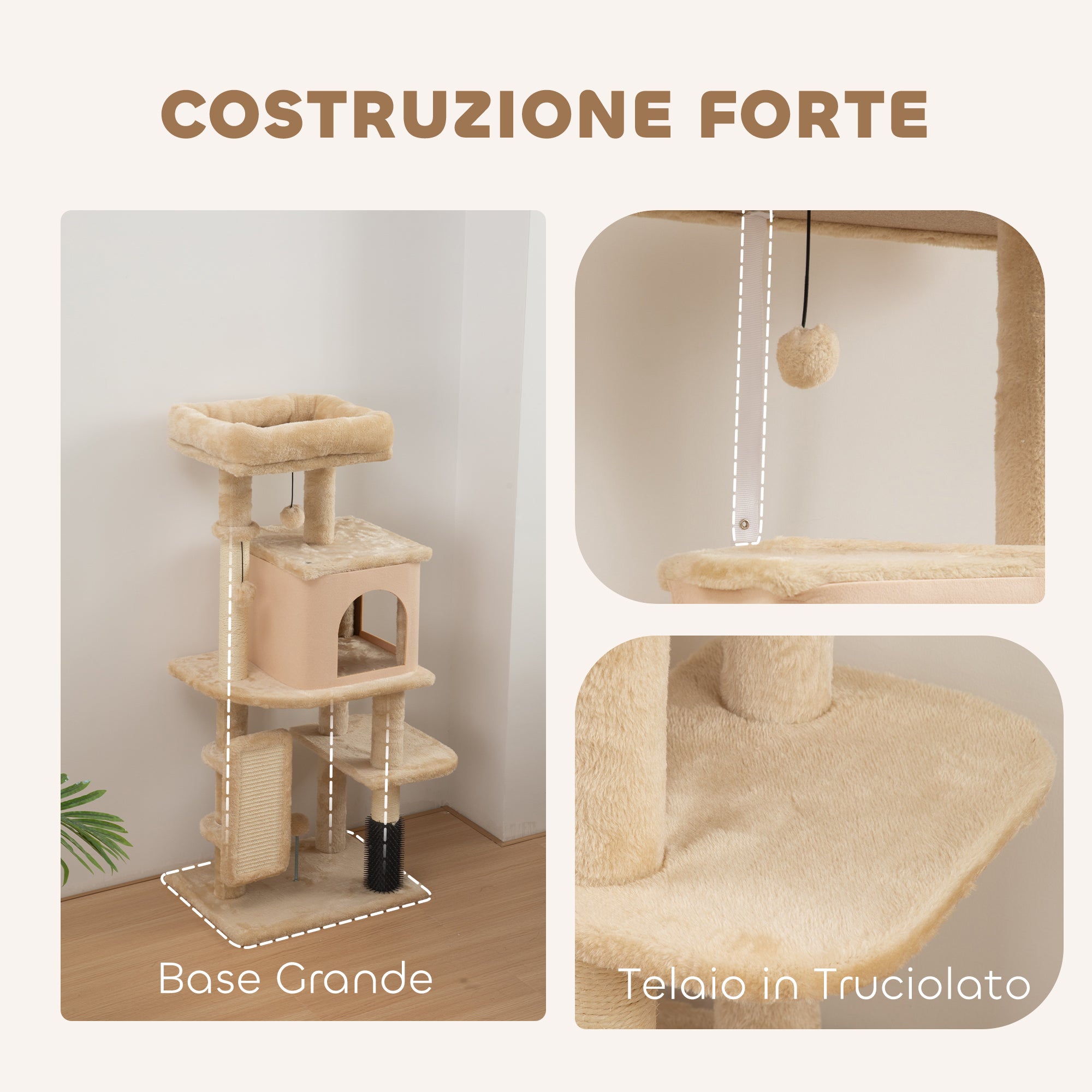 Albero per Gatti Multilivello Alto 132 cm con Casetta Lettino Pali Tiragraffi Spazzola e Pallina Beige