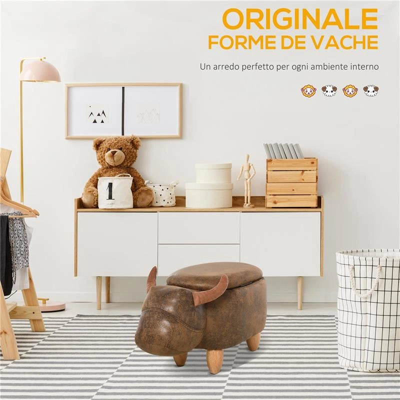 POUF CONTENITORE A FORMA DI BUFALO, SGABELLO POGGIAPIEDI CON STRUTTURA IN LEGNO E SEDUTA IMBOTTITA, 62X35X36CM, MARRONE