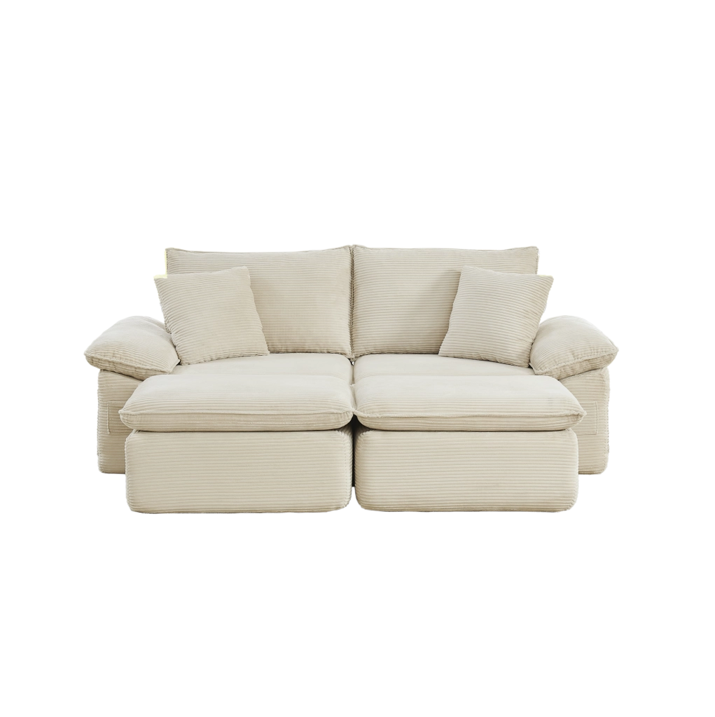 Divano da pavimento 2 posti beige in tessuto; con pouf mobile