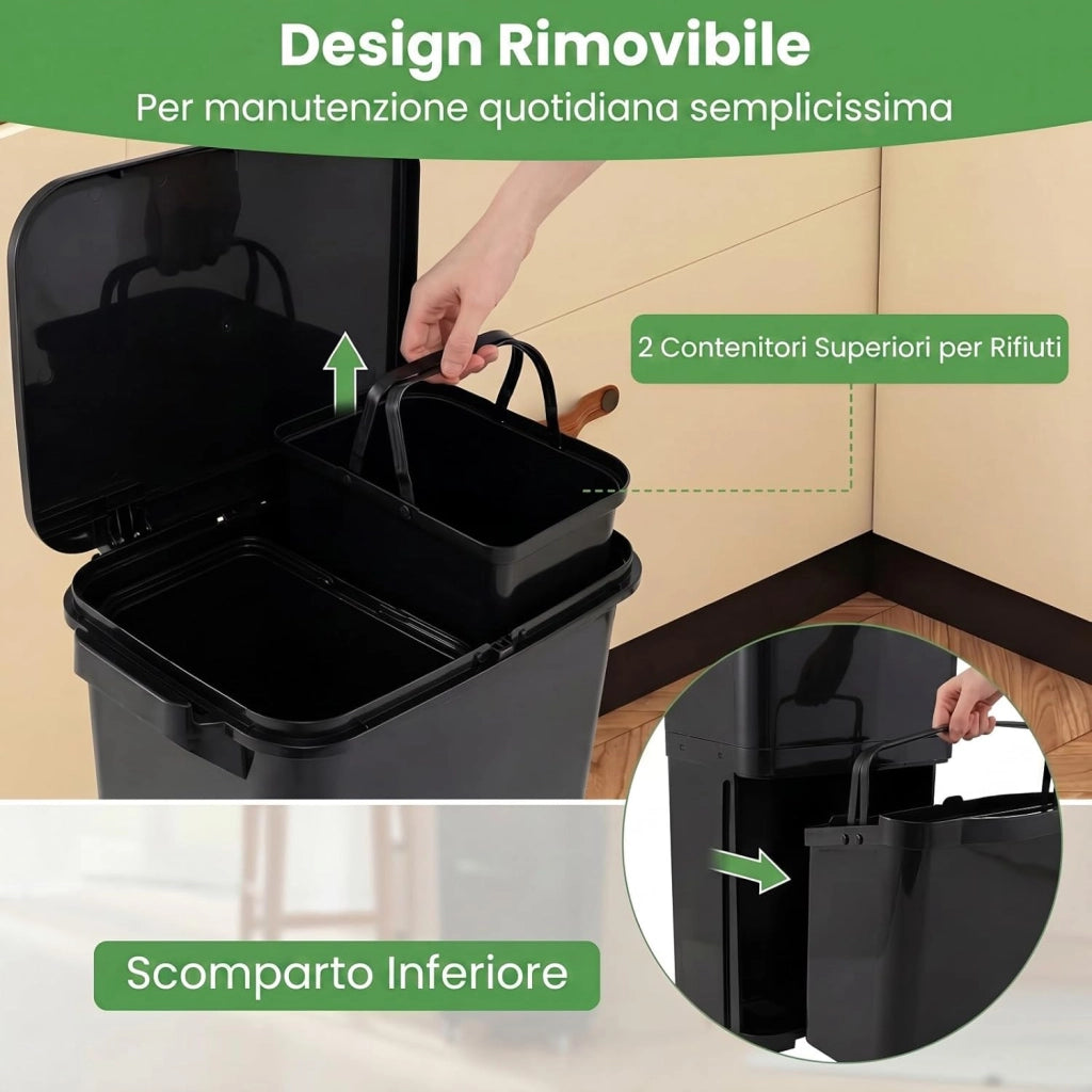 40L Pattumiera Differenziata a 3 Scomparti, Bidone per Spazzatura con Cestino Rimovibile e 4 Ruote, Secchio Rifiuti a Pedale per Cucina Sala da Pranzo Soggiorno (Nero)