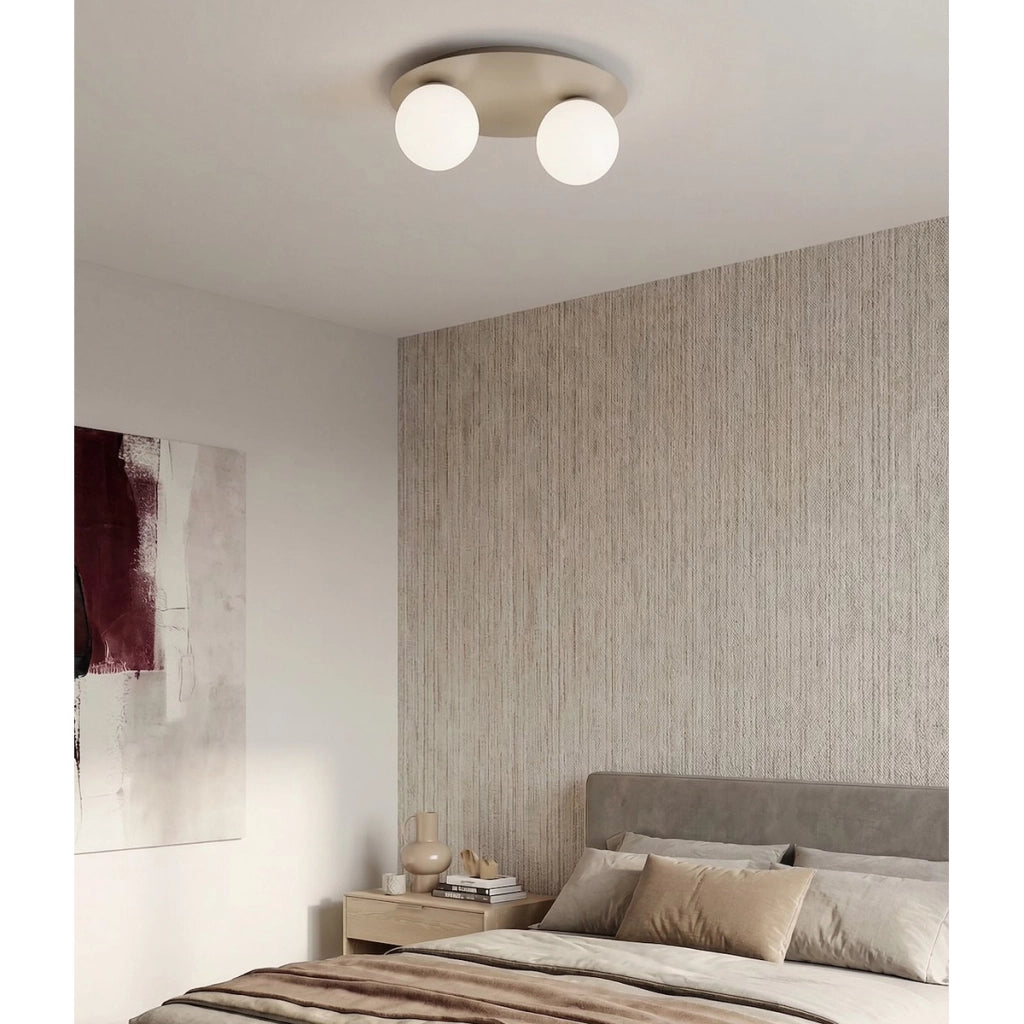 Lampada a sospensione Solar in acciaio beige e vetro opalino