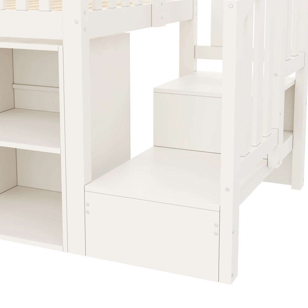 Letto a soppalco singolo 90×200 cm con cassetti; ripiani; scala con vano; LED; USB e Type-C; senza materasso; MDF; bianco
