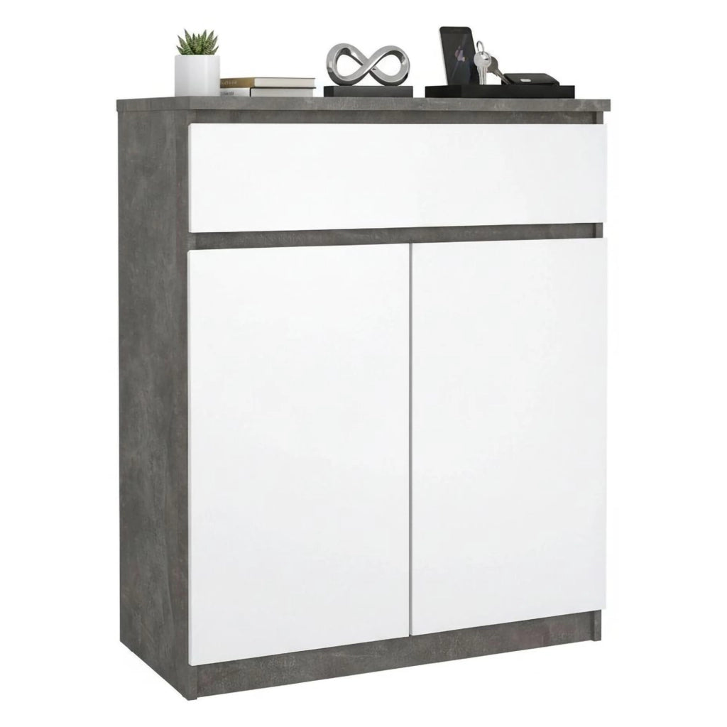 Credenza Genziana, Buffet da soggiorno, Madia da salotto, Dispensa da cucina, 80x40 h100 cm, Cemento e Bianco lucido