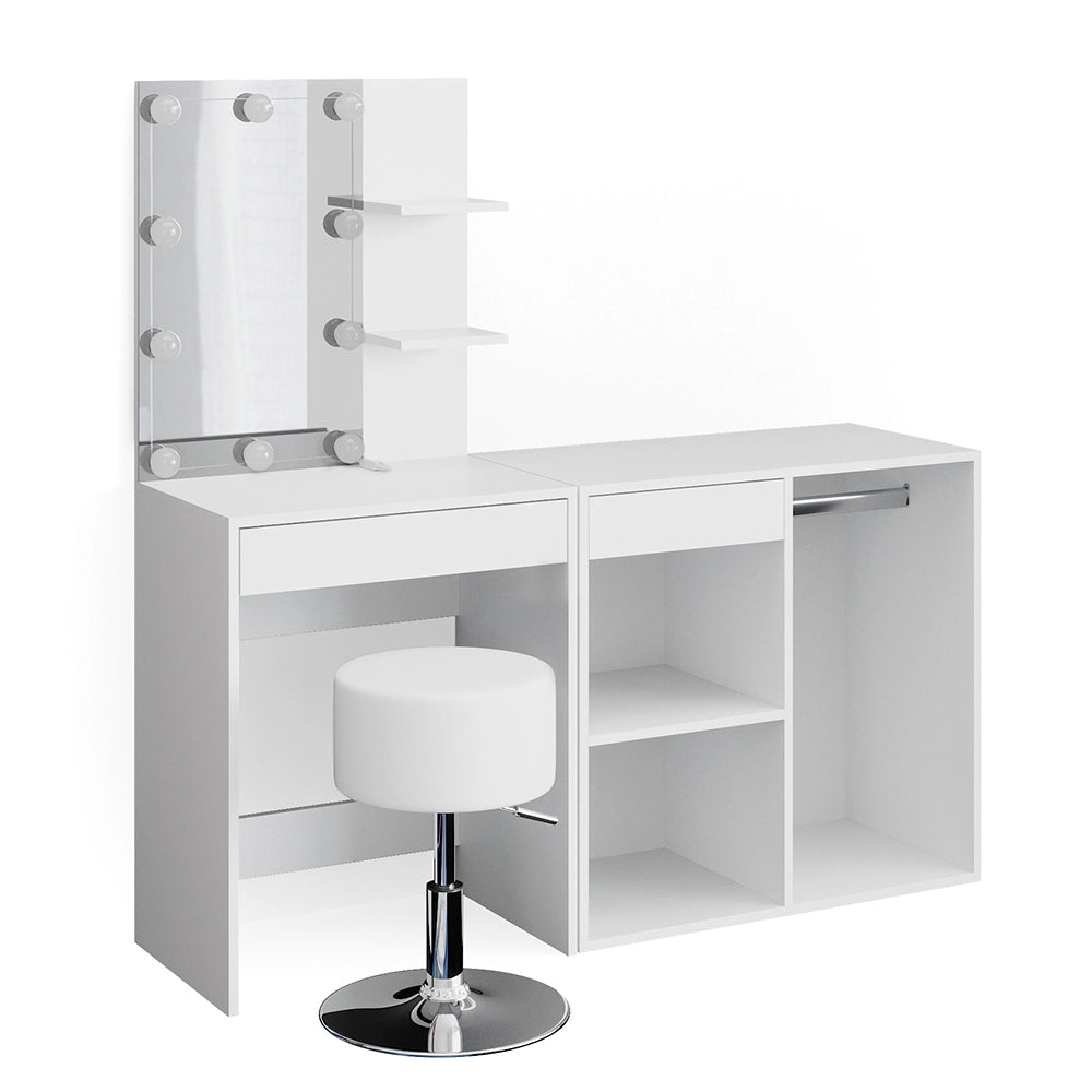 Vicco Tavolo da toeletta Bianco 140 cm con LED, sgabello e armadio