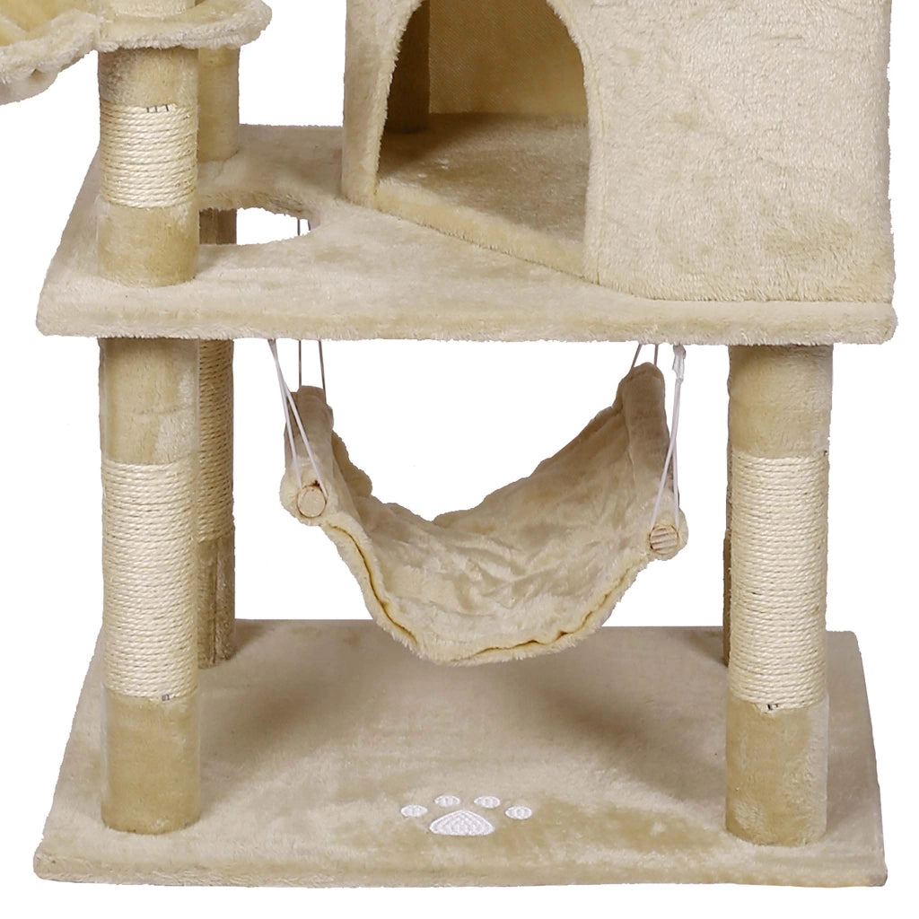 Albero tiragraffi beige con motivo a zampe 145cm Con amache, cucce per gatti e palline