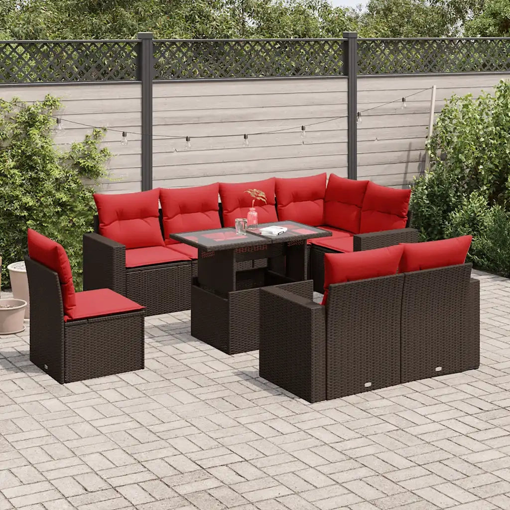 Set Divani da Giardino 9 pz con Cuscini Marrone in Polyrattan 3267414
