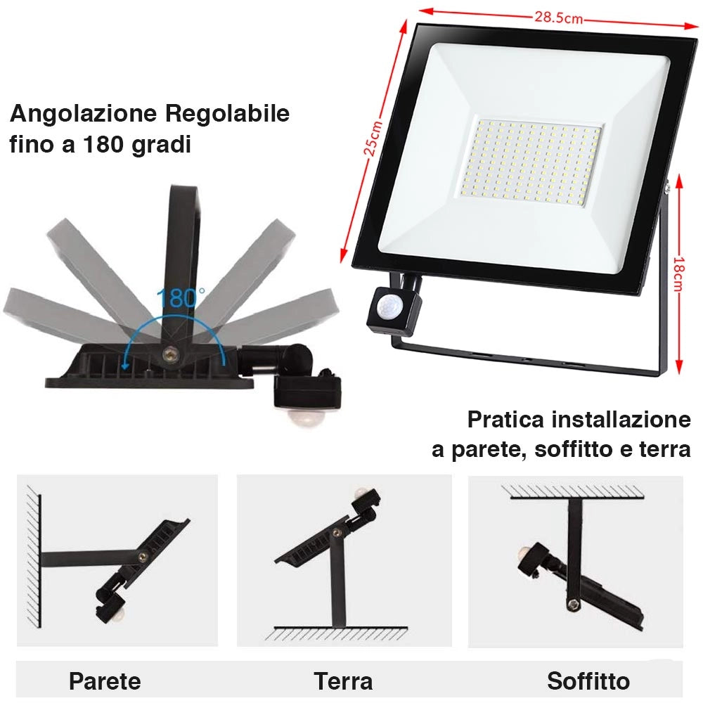 Faro LED 100W Luce Alta Luminosita 8000lm Faretto esterno con Sensore Movimento
