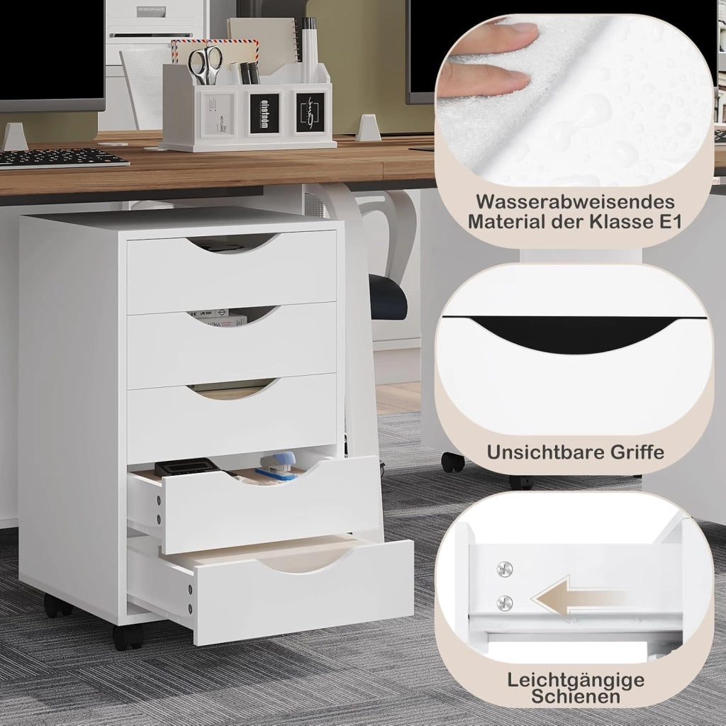 Scrivania a Piedistallo con 5 Cassetti, Schedario Rotante, Comodino, Mobile per Ufficio, Camera da Letto, in Legno Ingegnerizzato PB, Bianco, 40x40x66,5cm, ASK14ws