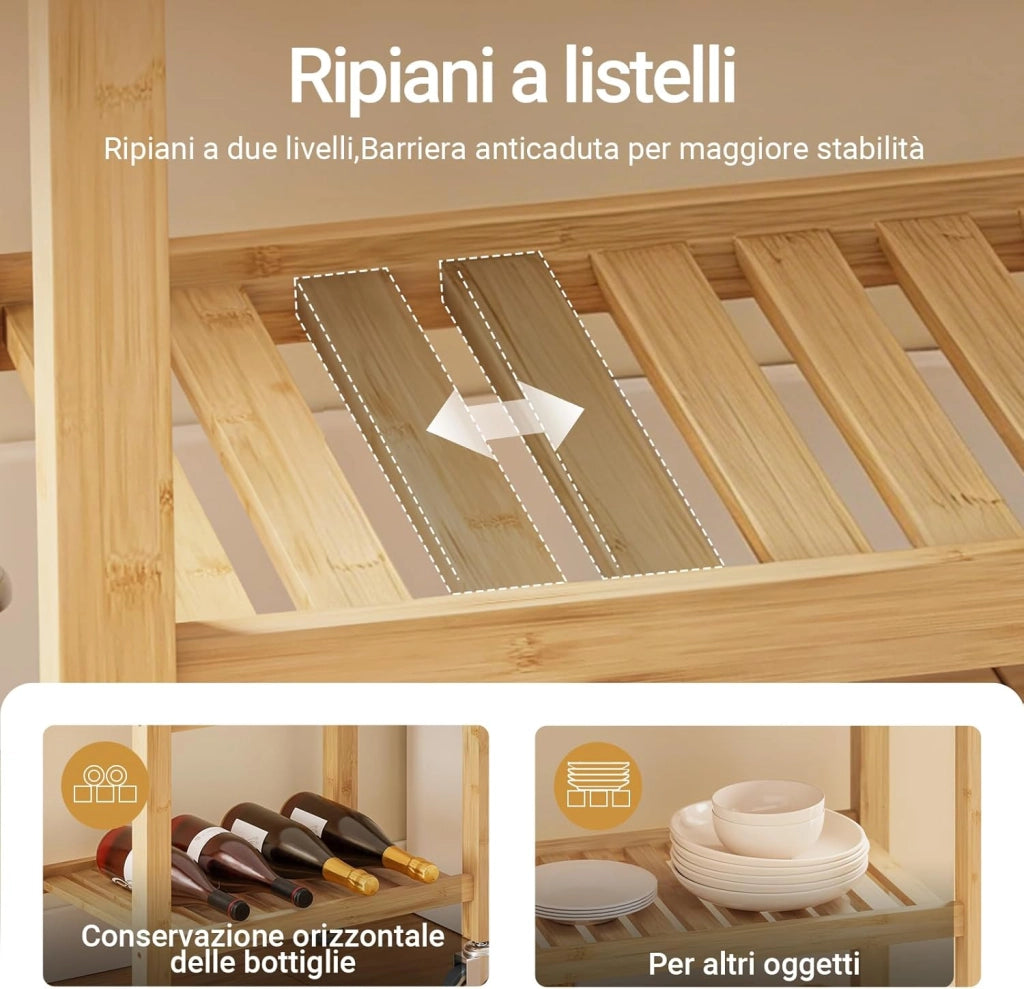 Carrello da Cucina in Bambù Carbonizzato – Carrello Cucina in Legno con Ruote, Antibatterico, Resistente all’Umidità, Inodore, Ideale per Cucina, Sala da Pranzo e Casa 58×40×86 cm FKW135-N