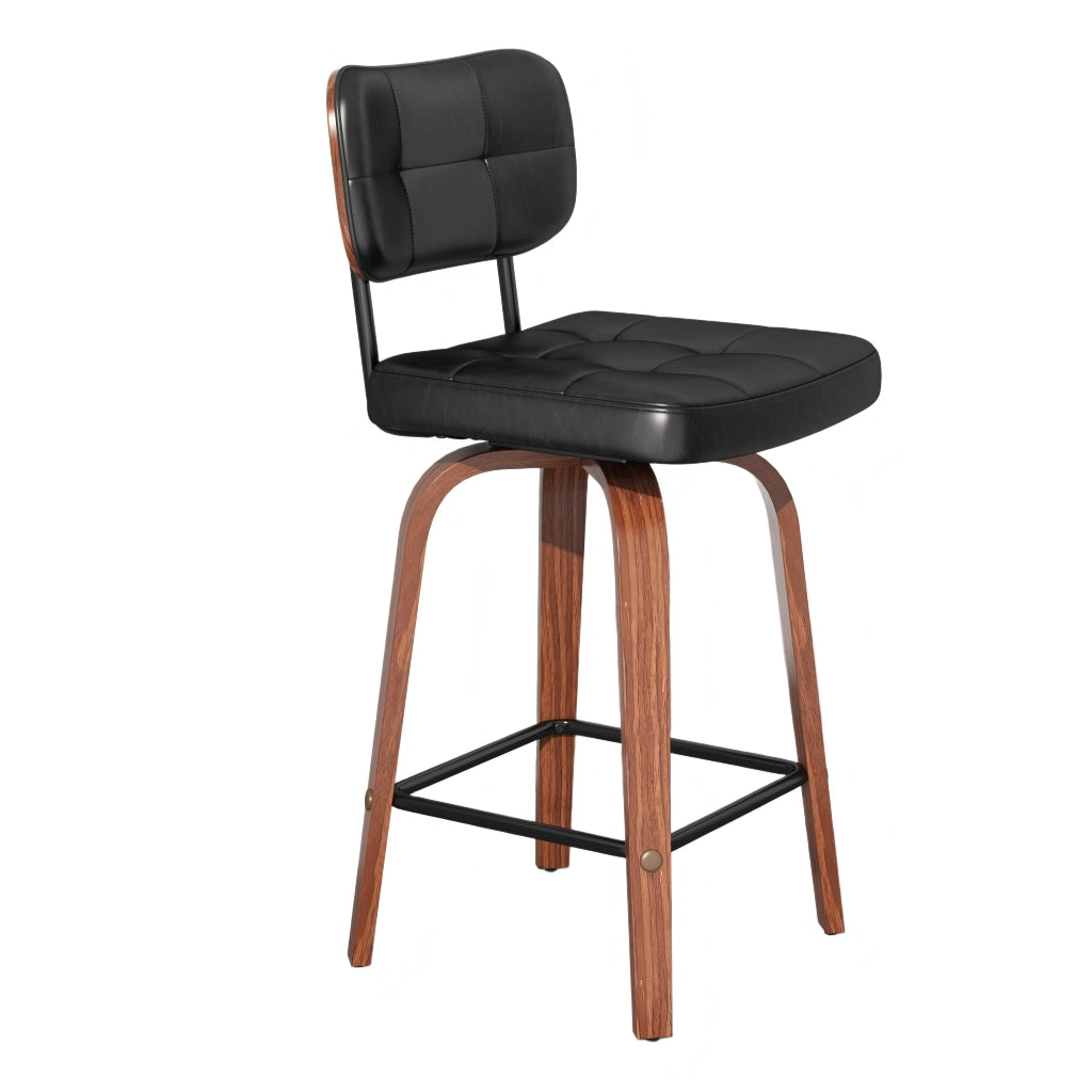 Sgabello da bar girevole con schienale ergonomico e design scandinavo, struttura stabile in pu e legno, nero e noce scuro