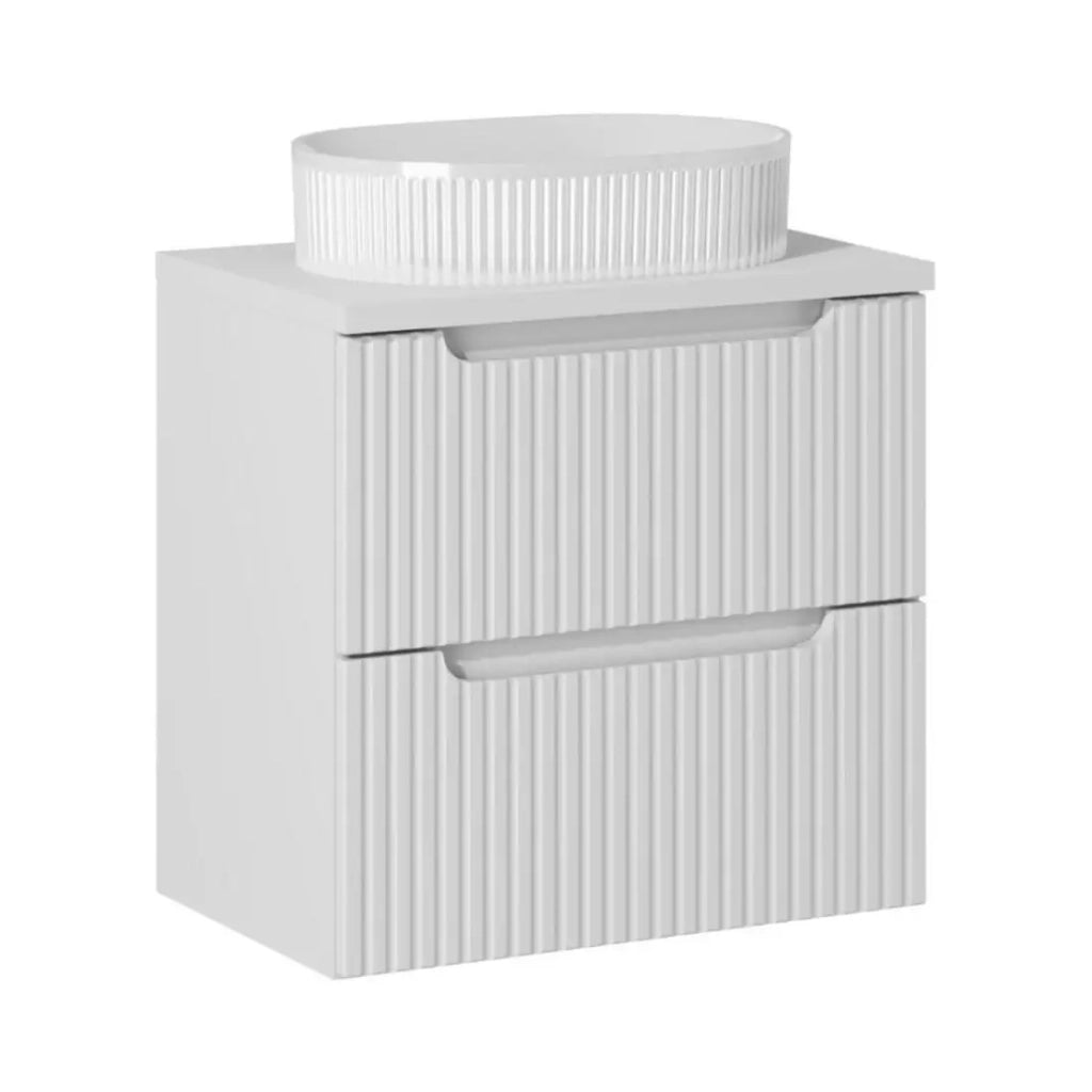Set VANO bianco 60cm: mobile sotto lavabo con cassetti + piano per lavabo bianco + lavabo da appoggio scanalato bianco