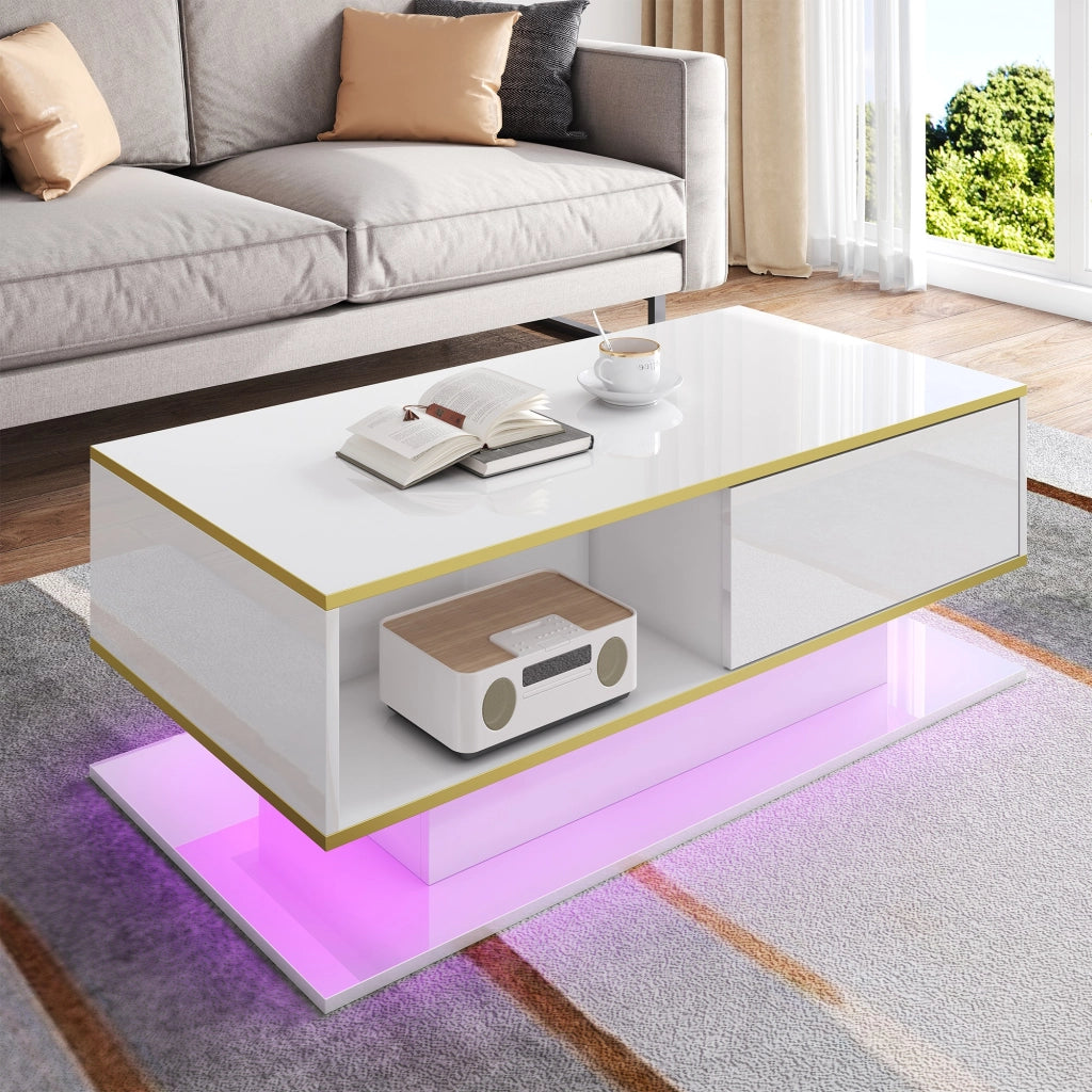 Tavolino da Caffè con 3 Cassetti e Vano Aperto e LED; Bianco Lucido; Decoro Oro; 100×50×40 cm; in Pannello Truciolare
