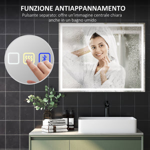 Specchio Bagno da Parete LED Antiappannamento 80x100 cm Speaker Bluetooth e Pulsanti Touch in Vetro Temperato