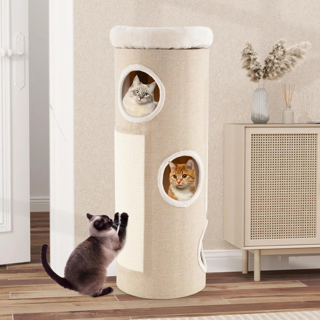 Casa per gatti a 4 piani con letto a caverna elevato, Tavoletta per graffi e altro ideale per pi¨´ gatti Bianco + Naturale-Alberi Tiragraffi