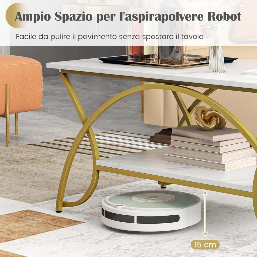 Tavolino da Caffè da Salotto, Tavolino Rettangolare a 2 Livelli con Struttura in Metallo, Tavolino Elegante e Moderno per Studio, Ufficio e Soggiorno, 100 x 50 x 45 cm (bianco e oro)