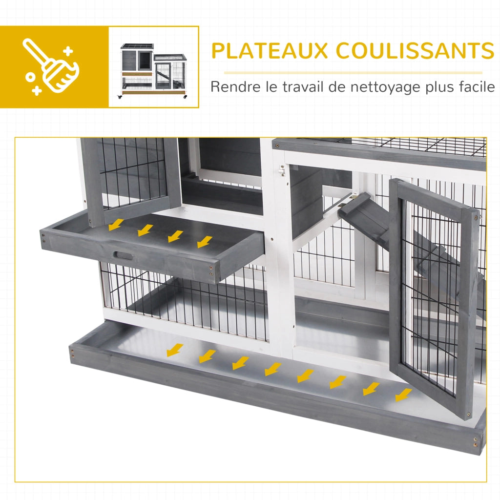 Gabbia per conigli 2 piani con ruote ¨C Xylo ¨C Legno abete grigio bianco con rampa
