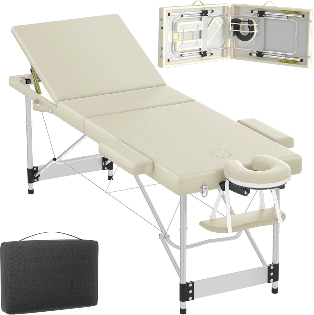 Lettino massaggiante pieghevole a 3 zone, altezza regolabile con braccioli, cuscino viso e custodia, in alluminio, colore: beige