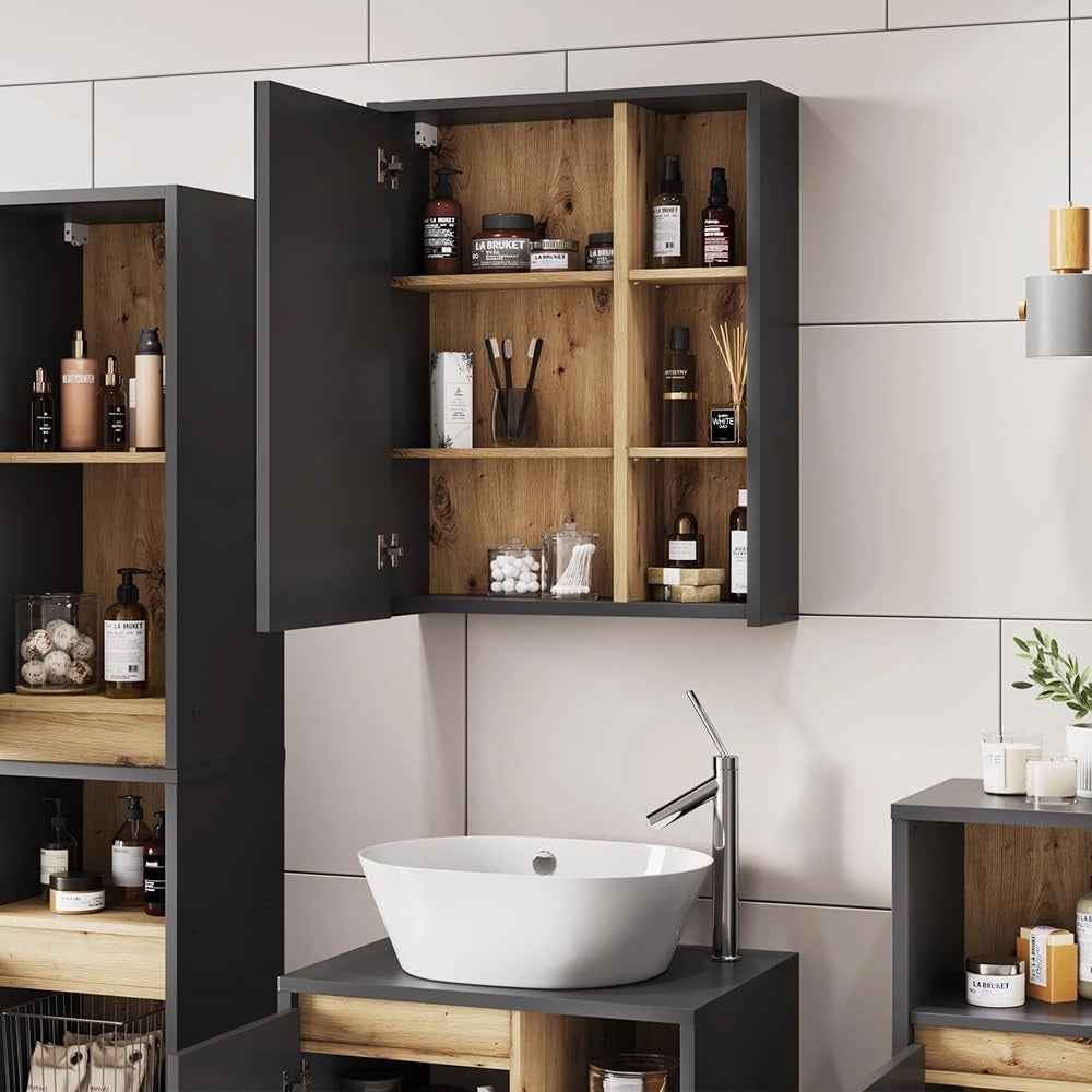 Mobile a specchio per il bagno Viola, Grigio/Artisan, 60 x 75 cm con ripiani aperti