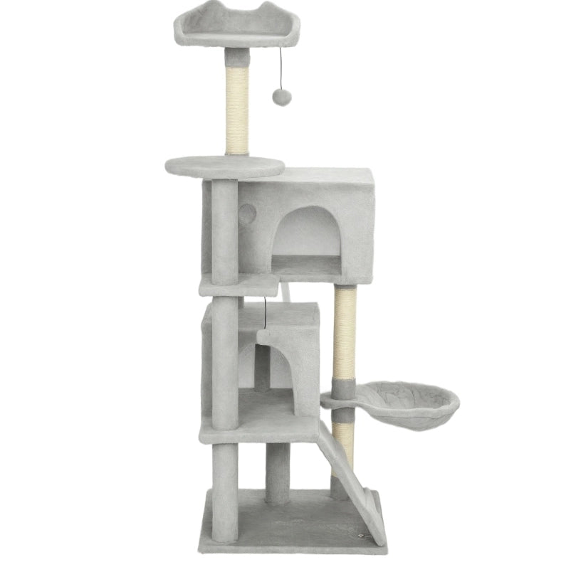 Albero tiragraffi per gatti 140 cm in poliestere e sisal grigio chiaro