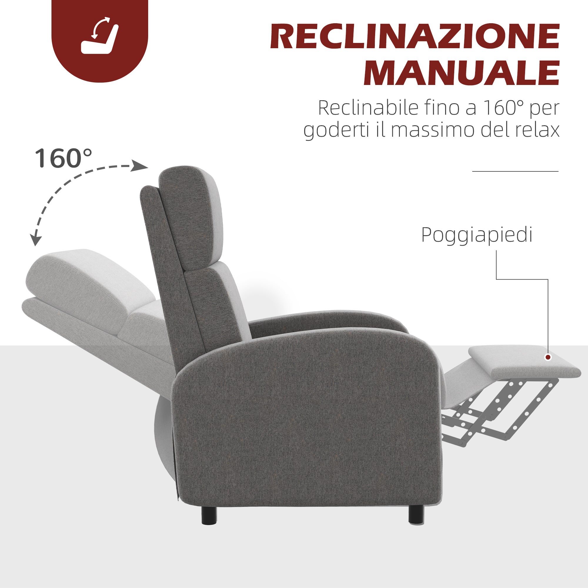 Poltrona Relax 64x86x102 cm Reclinabile Manuale in Tessuto Effetto Lino Grigia