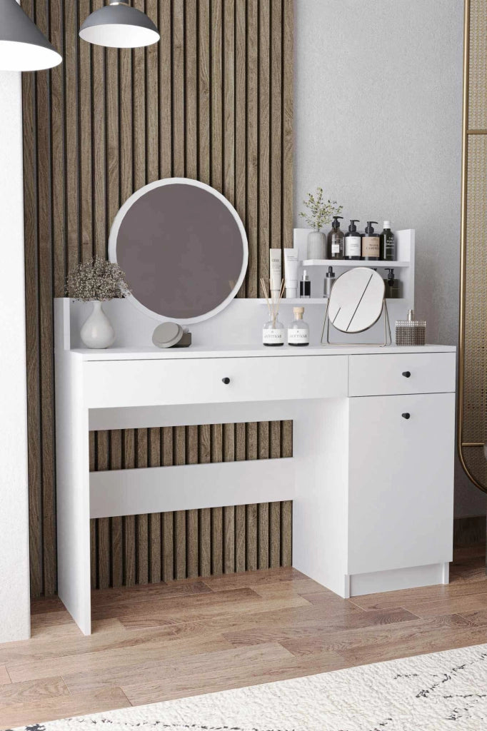 Comodino "Harmony Round" con specchio rotondo in legno - 124 x 40 x 135 cm - Bianco