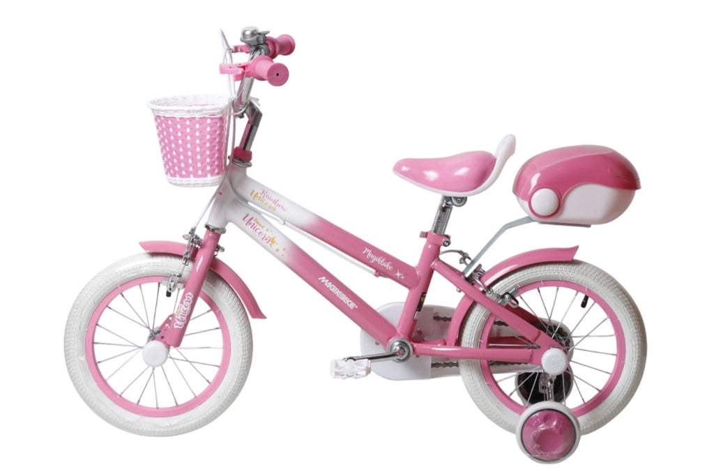 Bicicletta per Bambine Unicorn 16 Pollici con Stabilizzatori Bauletto e Cestino Rosa Rosa