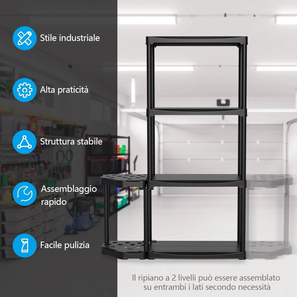 Scaffale per Garage a 4 Livelli con Portautensili, Scaffale di Stoccaggio Aperto con Supporto per Portautensili a 12 Fori per Attrezzi, per Magazzino Ripostiglio Seminterrato