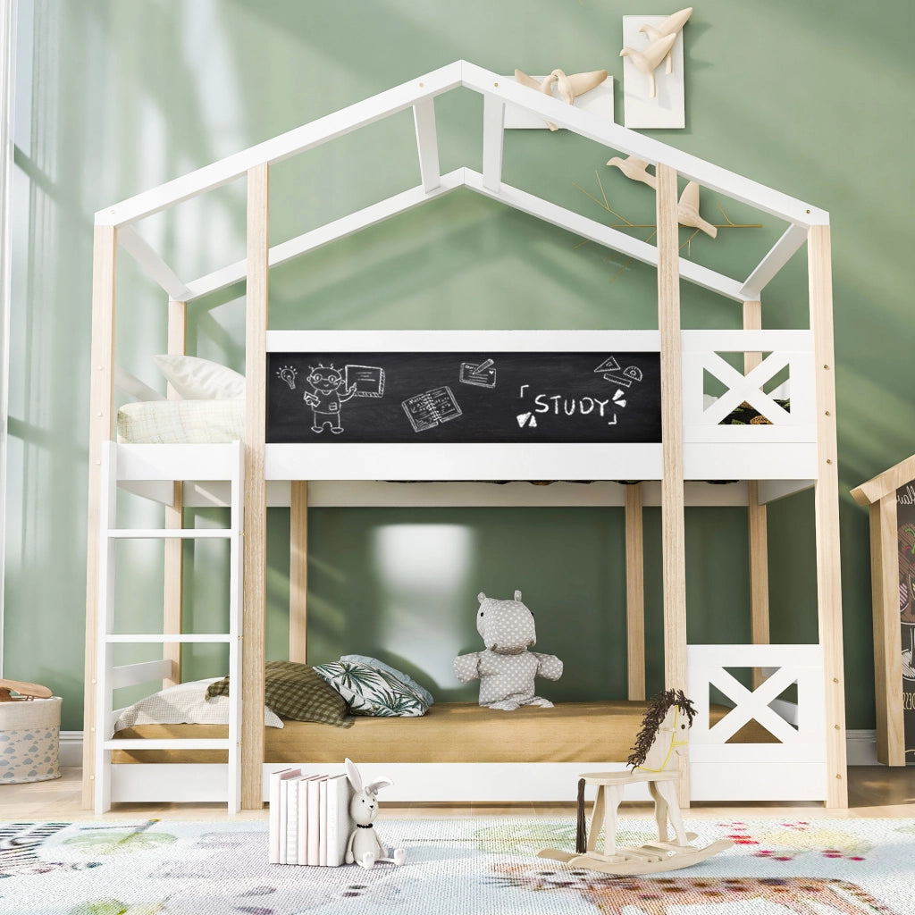 Letto a soppalco per bambini 90x200 cm con scala, 2 reti a doghe, bianco