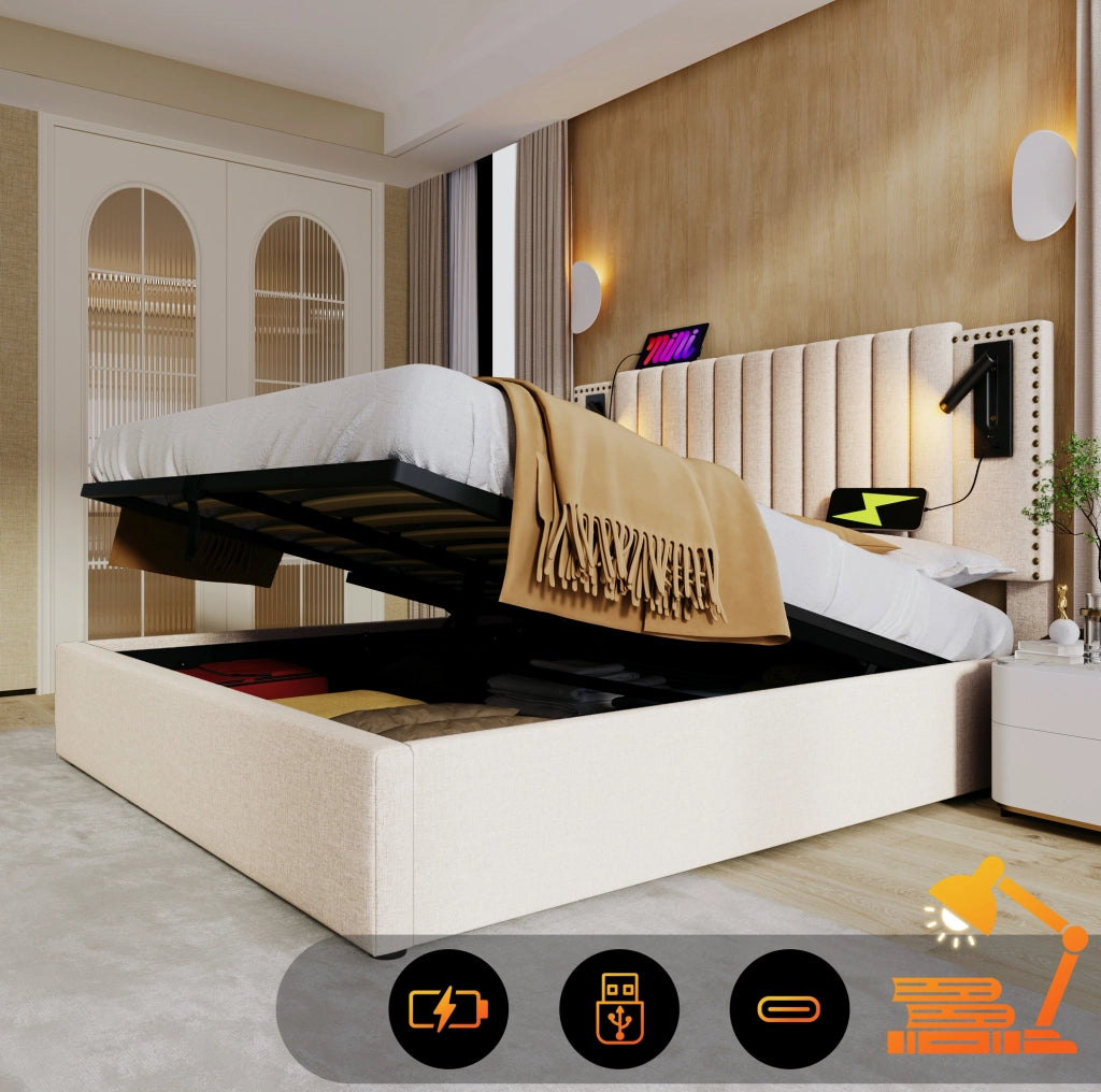 Letto matrimoniale beige 180x200 con contenitore, luce e USB-C