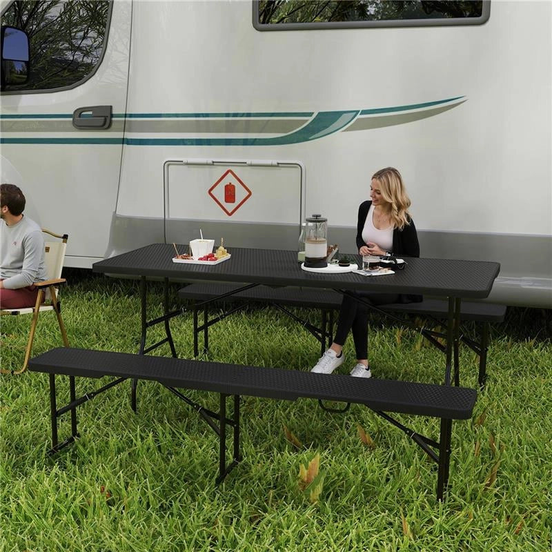 SET DA PIC NIC PIEGHEVOLE A 3 PEZZI CON TAVOLO E 2 PANCHE IN HDPE E METALLO, NERO