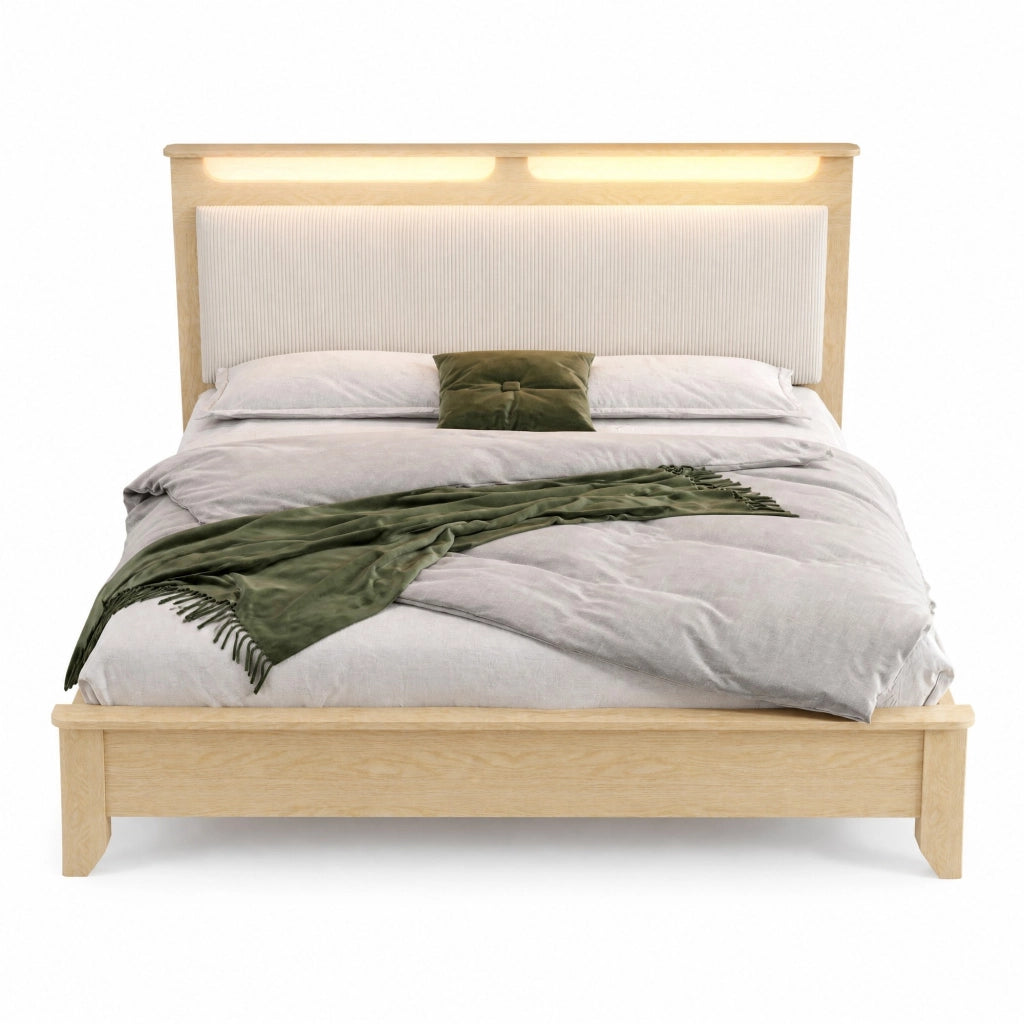 Letto matrimoniale 160x200 cm con testiera contenitore e LED; rovere chiaro e beige