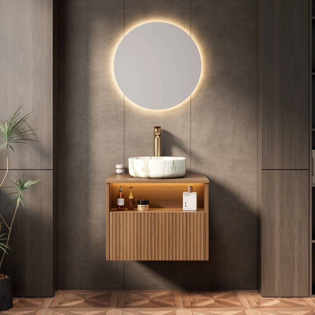 Mobile bagno sospeso con 1 cassetto e 1 vano aperto con lavabo in ceramica e luce LED per bagno 60×46×58.8 cm