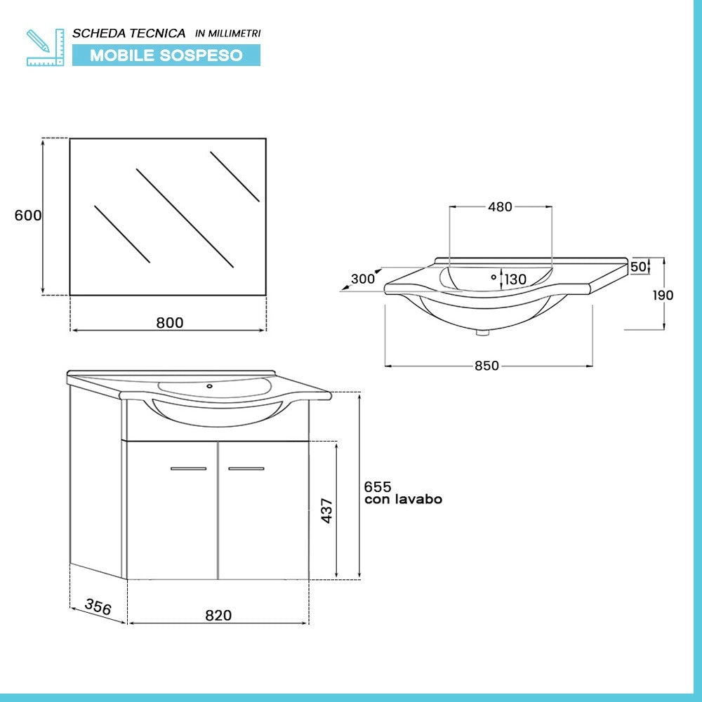 Mobile bagno sospeso 80 cm grigio completo di lavabo e specchio Desya