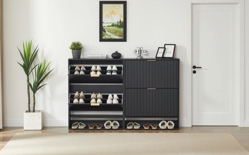 Scarpiera 80x24x102 cm in MDF nero con frontale scanalato， per ingresso