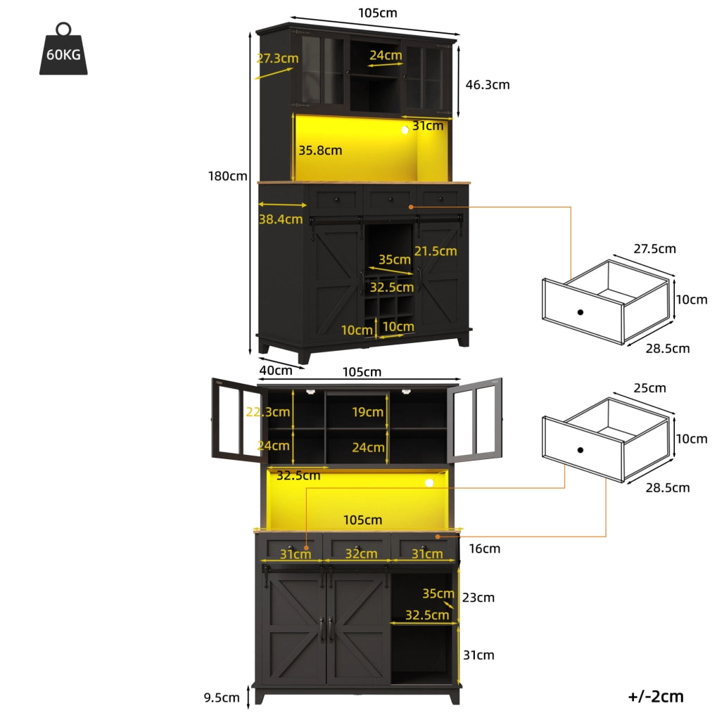 Credenza 105x38.4x180 cm con LED; ante in vetro e ripiani regolabili in MDF e metallo nera