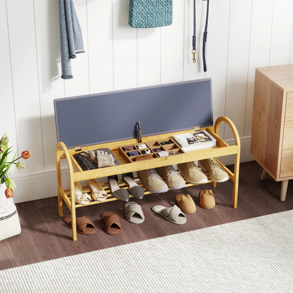 Panca per scarpe in bambù con coperchio ribalta scomparto nascosto-Panca da ingresso con seduta maniglie soggiorno Grigio