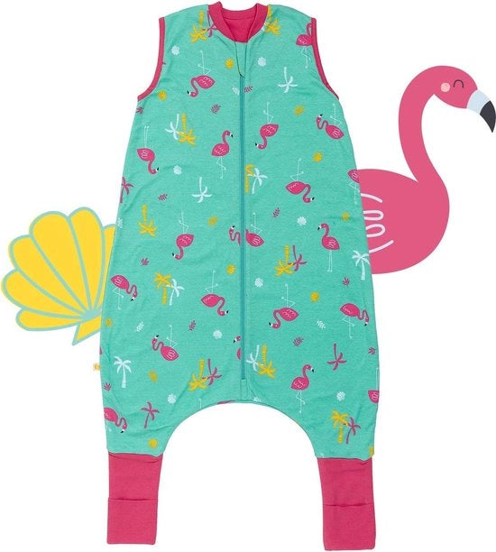 Sacco da lettura per bambini biologico con piedi - estate 1 TOG - 60 cm - sottile - flamingo - maniche allungate - 100% cotone biologico sacco idrofilo