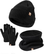 Set di guanti e copricapo per bambini, completo da 3 pezzi, cappello caldo nero per l'esterno, completo da 3 pezzi