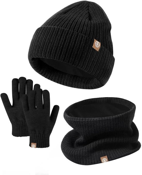 Set di guanti e copricapo per bambini, completo da 3 pezzi, cappello caldo nero per l'esterno, completo da 3 pezzi