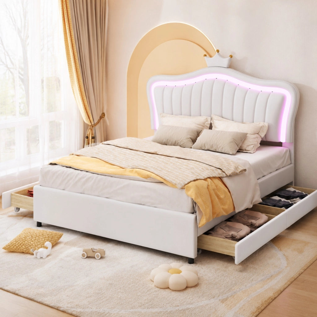 Letto per bambini imbottito 140x200 cm con contenitore; LED e testiera a conchiglia; bianco