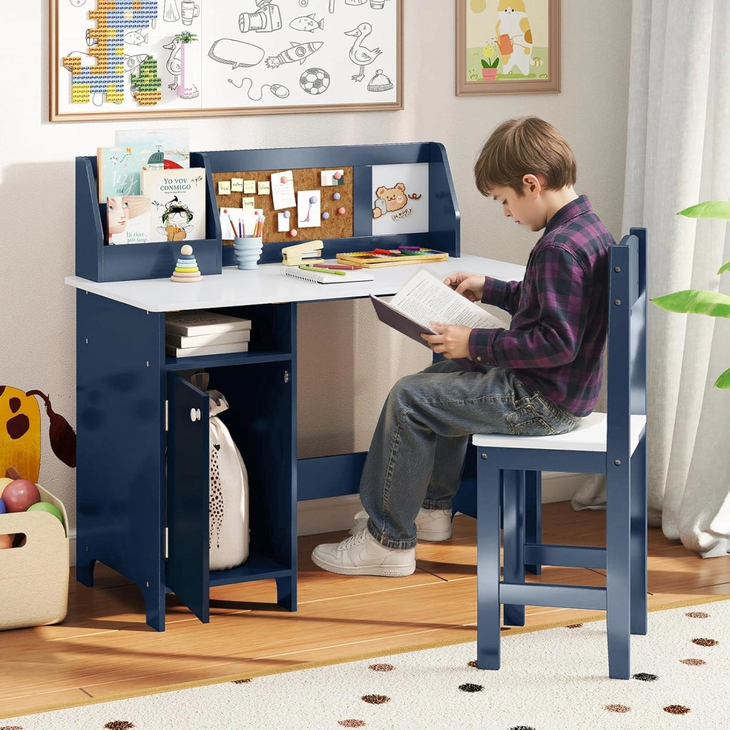 Set Scrivania e Sedia per Bambini 3+ Anni per Studio e Lettura, Blu | Banco Scuola con Sedia Ergonomica, Lavagna Bianca, Pennarello, Armadietto e Bacheca, Postazione Computer per Cameretta