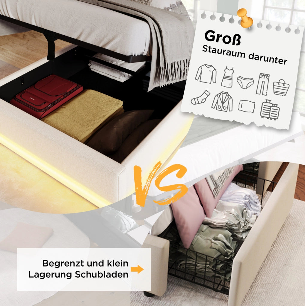 Letto singolo contenitore 90x200 cm bianco in PU con LED e materasso