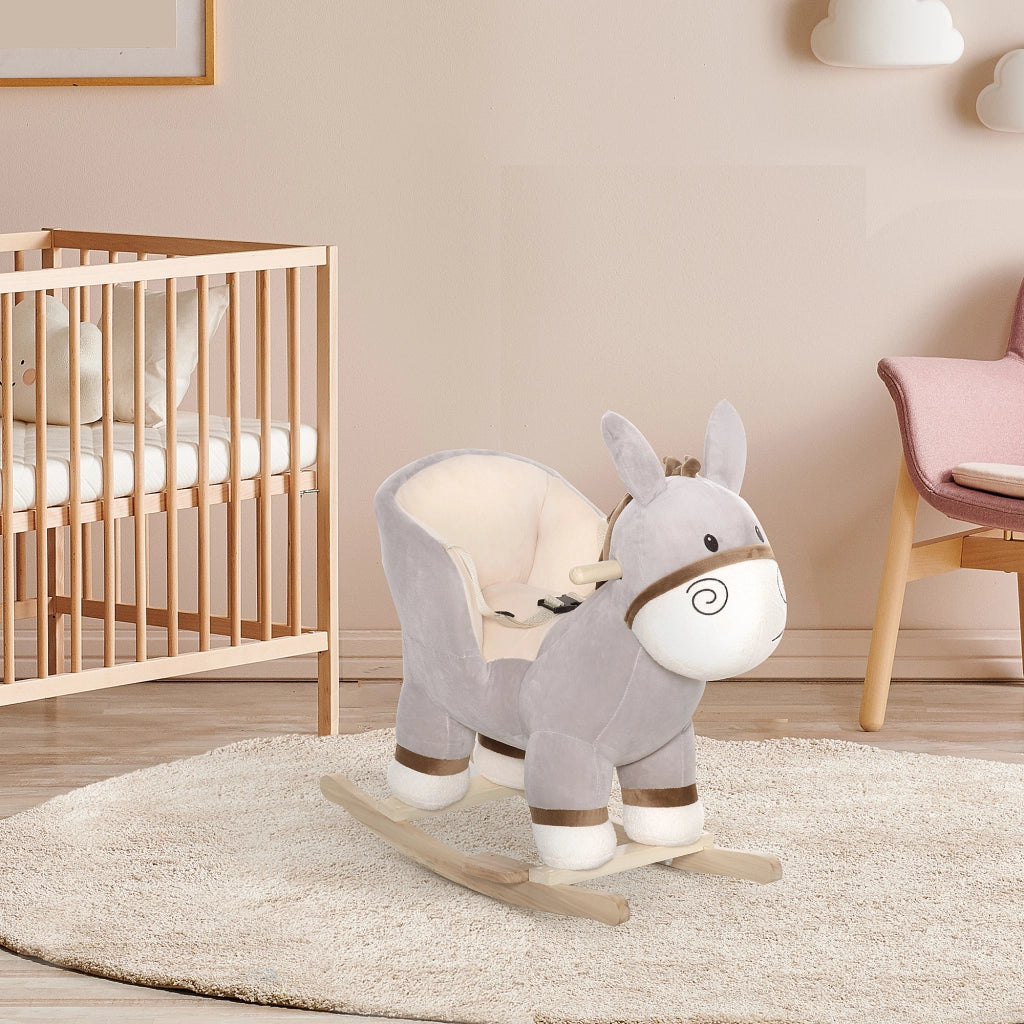 Cavallo a Dondolo per Bambini ¨C zephmum ¨C Grigio in Legno di Pioppo con Peluche e Suoni