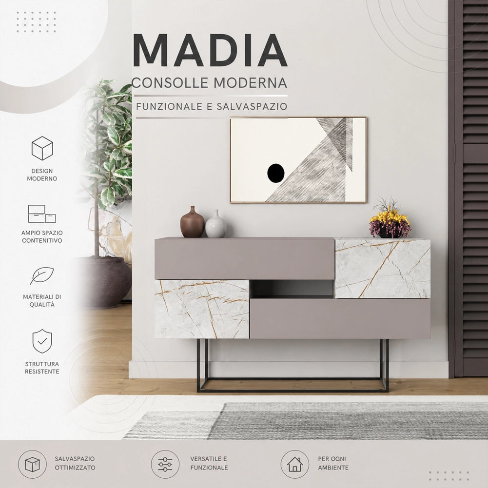 Madia Consolle Moderna 145 cm con 2 Ante 2 Cassetti Tortora e Marmo Bianco
