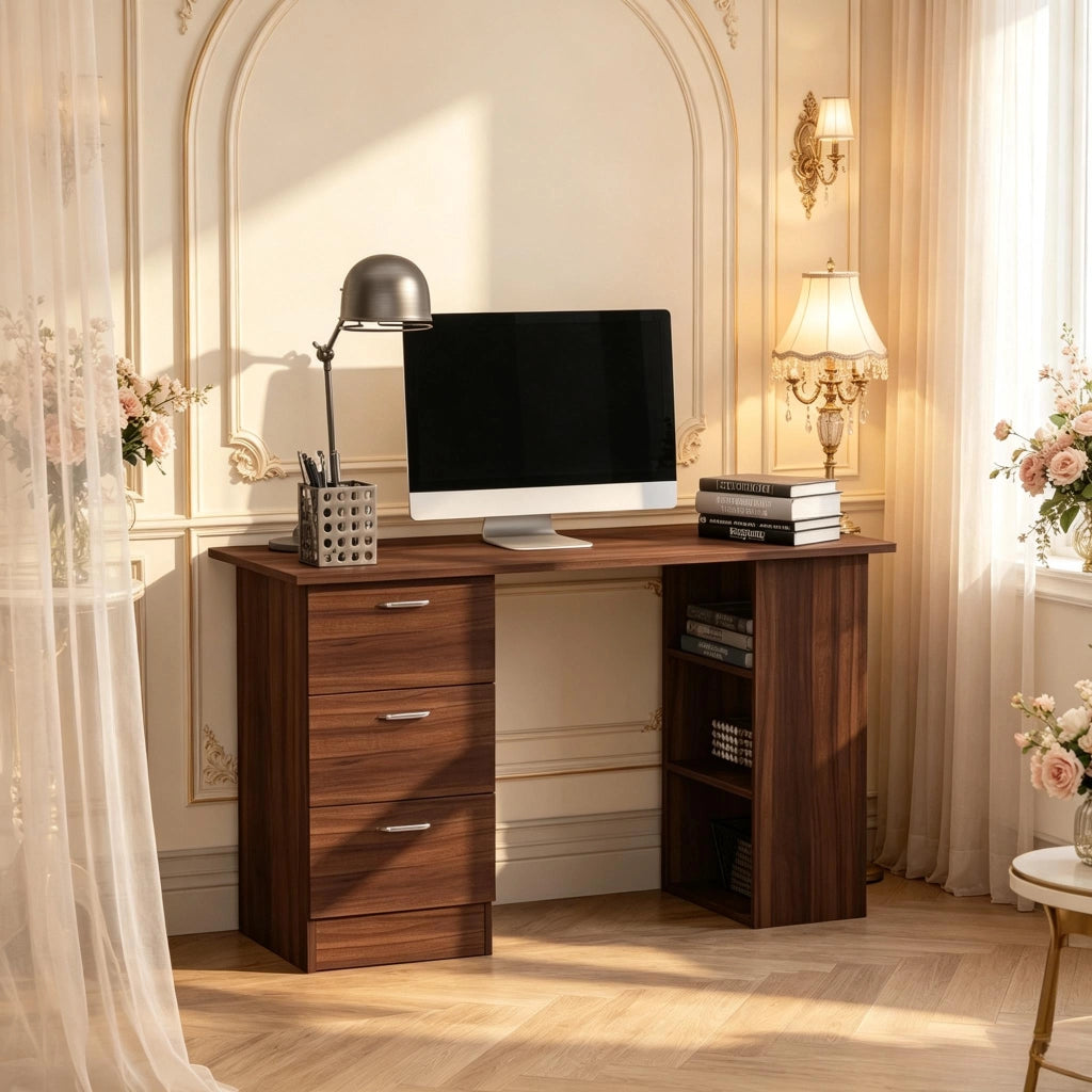 Scrivania lineare con 3 cassetti e 3 ripiani aperti, in MDF effetto legno, per ufficio e camera da letto 120 × 49 × 72 cm