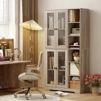 Credenza Cucina Alta con Vetrina a 4 Ante, Chiusura Soft e 6 Ripiani aperti Regolabili, design moderno, 90x35x172 cm Grigio Chiaro |Aosom Italy