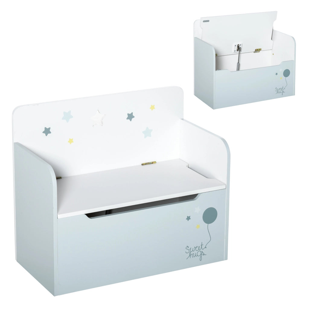 Panca Contenitore con Schienale in Legno per Bambini da 3-6 Anni, 60x30x50 cm, Azzurro
