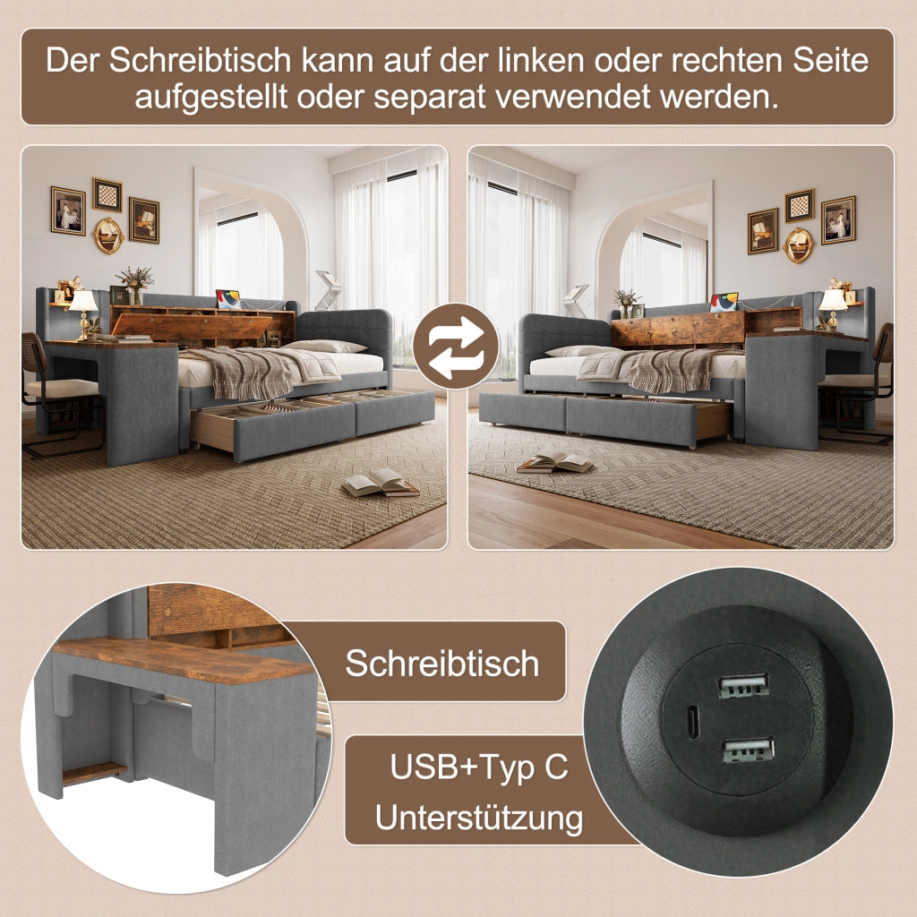 DESMIU Letto banquette 90 × 200 cm 1 piazza con 2 cassetti, scrivania, USB, Type-C e vano, senza materasso, grigio