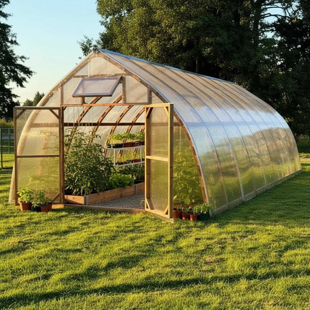 Serra da giardino Arched Wood con doppie porte 5 x 10 m (50 m²), 10 mm con rivestimento in policarbonato