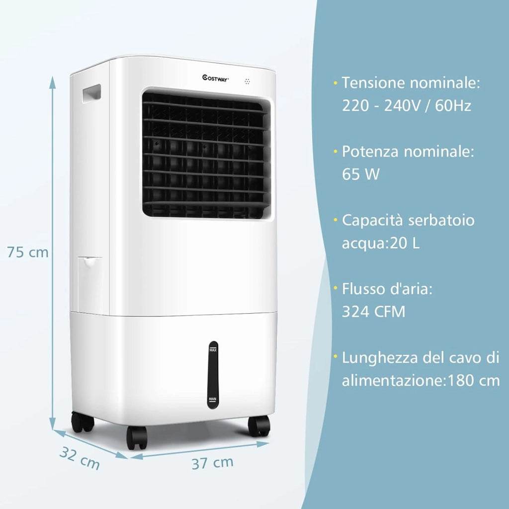 Condizionatore Portatile 3 in 1, Con Raffreddamento, Ventola e Umidificazione, Serbatoio dell’acqua di 20 L, 7,5 H Timer, Con 4 Velocità, Telecomando e Ruote